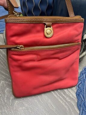 Michael Kors Red and Brown Crossbody Bag with Gold Hardware